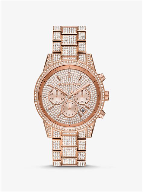 michael kors ritz pavé rose gold tone and acetate watch|Michael Kors Ritz Pave Chronograph & Date Bracelet Watch.